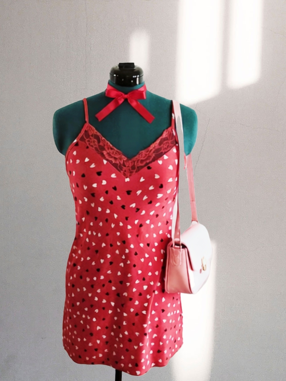Red Heart-Print Lace Trim Chemise
